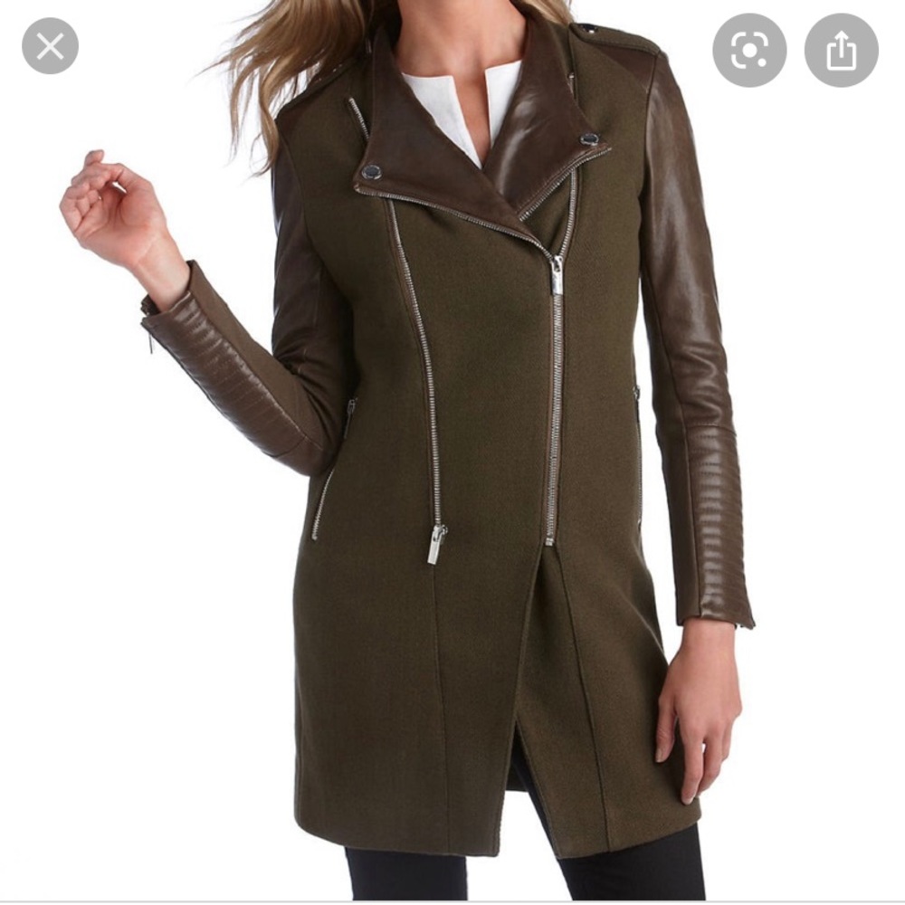 BCBG coat with leather sleeves